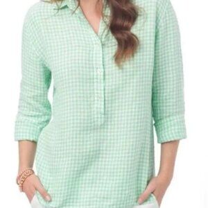 Southern Tide Hadley Linen Popover Shirt - Green/White Gingham - Size Large